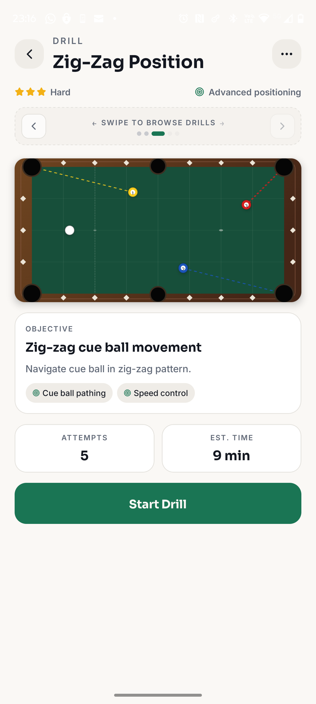 Cue Path drill practice screen